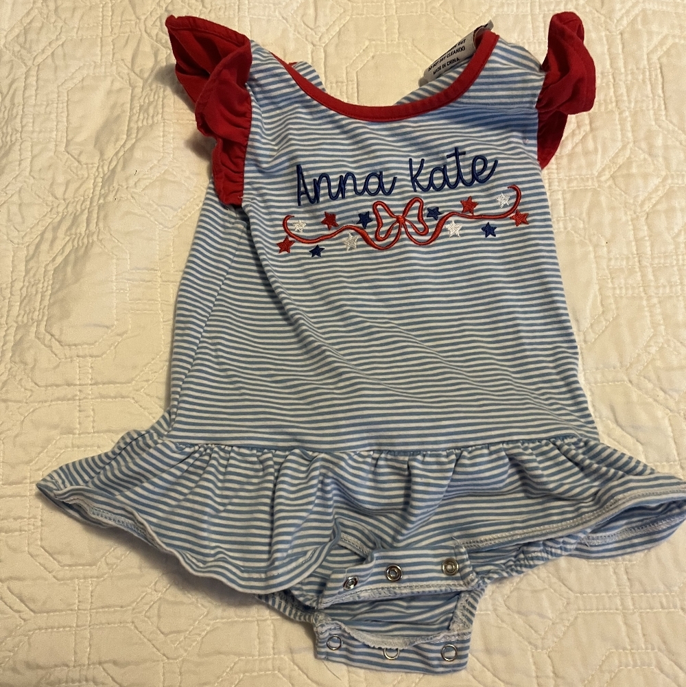 "Anna Kate" Blue & Red Striped Baby Romper Size 24M